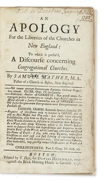 (EARLY AMERICAN IMPRINT.) Samuel Mather. An Apology for the Liberties of the Churches in New England.                                            